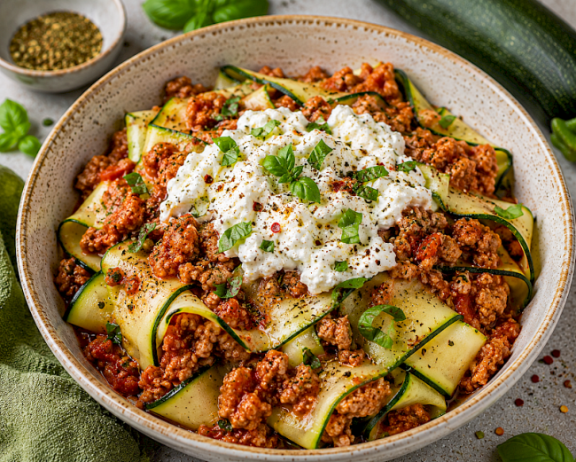 79. Low-Carb-Rezept: Zucchini-Lasagne-Bowl mit Putenhack & Ricotta