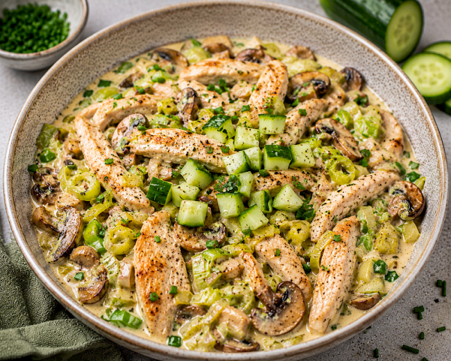 80. Low-Carb-Rezept: Hähnchen-Lauch-Pfanne mit Frischkäse & Gurken-Topping