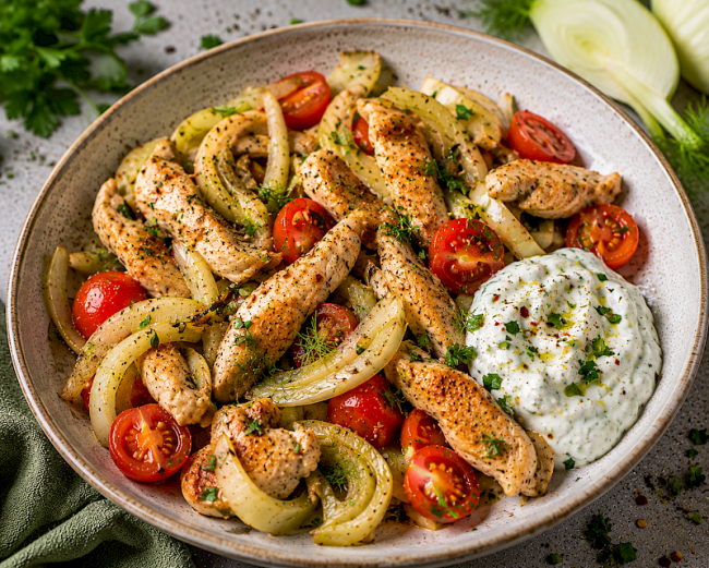 81. Low-Carb-Rezept: Puten-Fenchel-Pfanne mit Tomaten & Kräuterquark