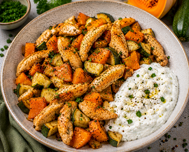 86. Low-Carb-Rezept: Hähnchen-Kürbis-Pfanne mit Feta-Skyr-Creme