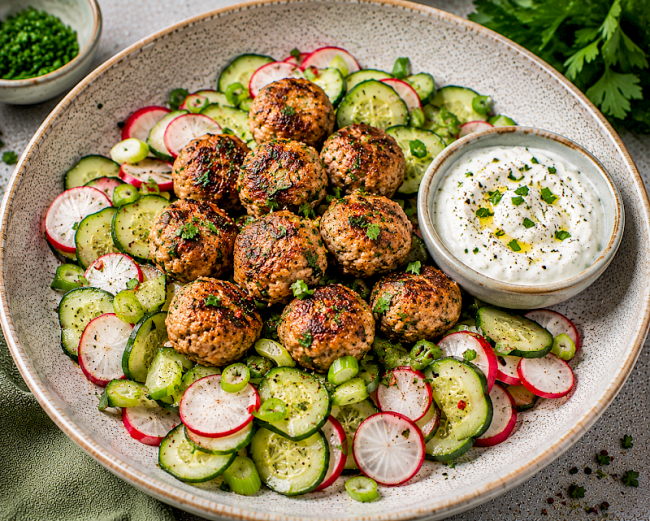 87. Low-Carb-Rezept: Putenbällchen auf Gurken-Radieschen-Salat mit Joghurt-Dip