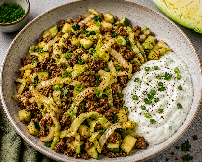 87. Low-Carb-Rezept: Spitzkohl-Hack-Pfanne mit cremigem Kräuterquark