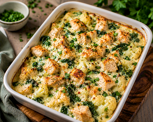 90. Low-Carb-Rezept: Hähnchen-Blumenkohl-Auflauf mit Spinat & Kräutercreme