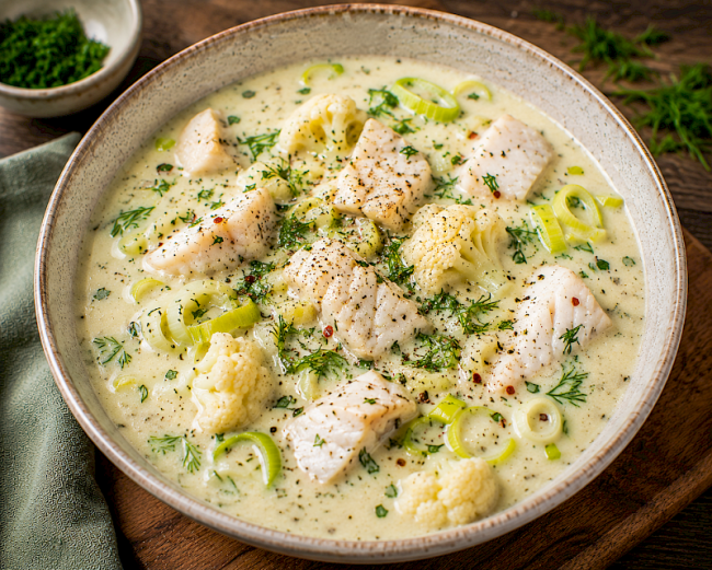 91. Low-Carb-Rezept: Cremige Seelachs-Lauch-Suppe mit Blumenkohl
