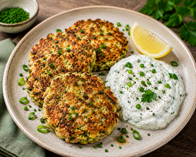 92. Low-Carb-Rezept: Thunfisch-Zucchini-Puffer mit Kräuter-Skyr