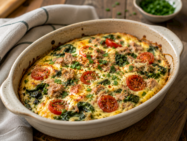 93. Low-Carb-Rezept: Eier-Thunfisch-Auflauf mit Spinat & Tomaten