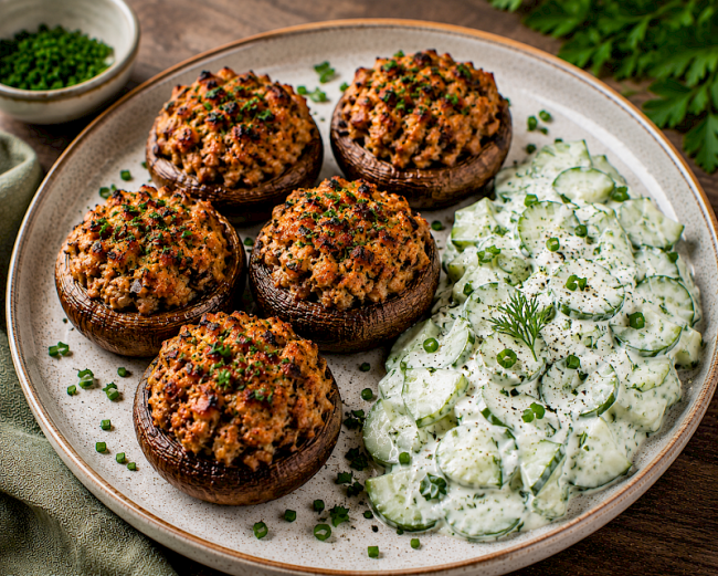 94. Low-Carb-Rezept: Gefüllte Champignons mit Putenhack & Gurken-Skyr-Salat