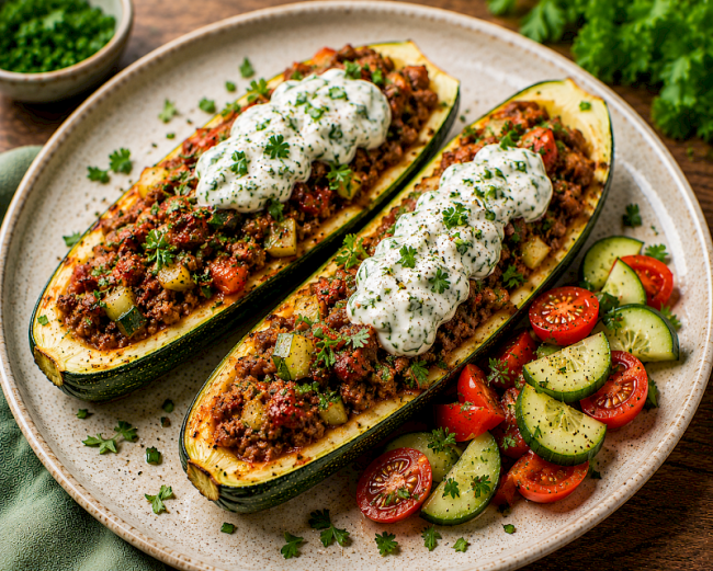96. Low-Carb-Rezept: Zucchini-Schiffchen mit Rinderhack & Joghurt-Kräuter-Topping