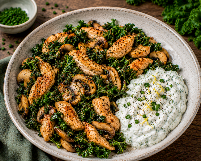97. Low-Carb-Rezept: Hähnchen-Grünkohl-Pfanne mit Zitronen-Kräuterquark