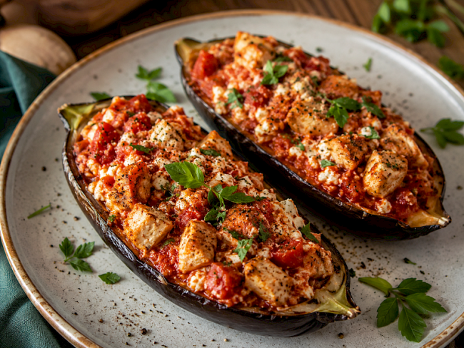 98. Low-Carb-Rezept: Puten-Auberginen-Boote mit Tomaten-Hüttenkäse-Füllung