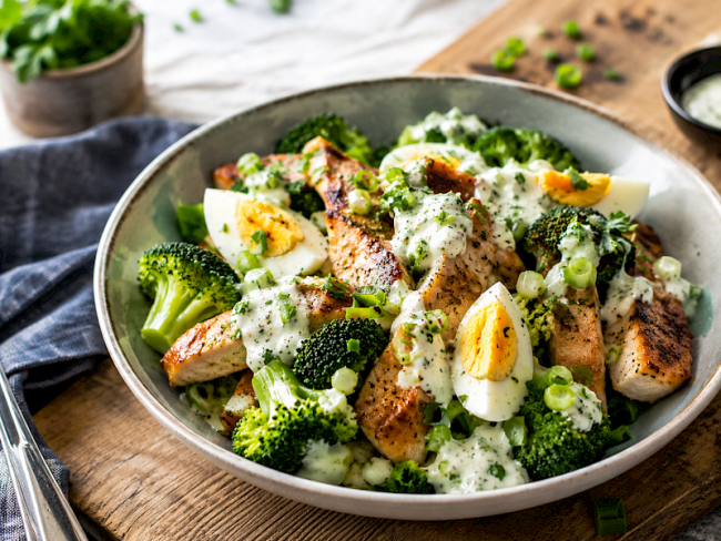 99. Low-Carb-Rezept: Puten-Brokkoli-Salat mit Ei & cremigem Senf-Skyr