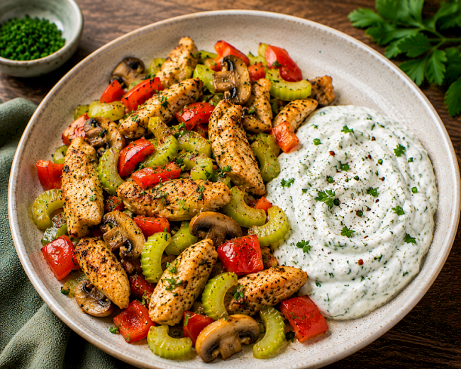 100. Low-Carb-Rezept: Hähnchen-Selleriestangen-Pfanne mit Paprika & Joghurt-Dip