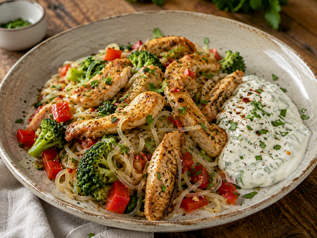 101. Low-Carb-Rezept: Hähnchen-Shirataki-Pfanne mit Gemüse & cremiger Skyr-Sauce