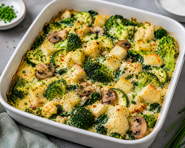 Vegetarischer Brokkoli-Blumenkohl-Eiweiß-Auflauf mit Harzer Käse