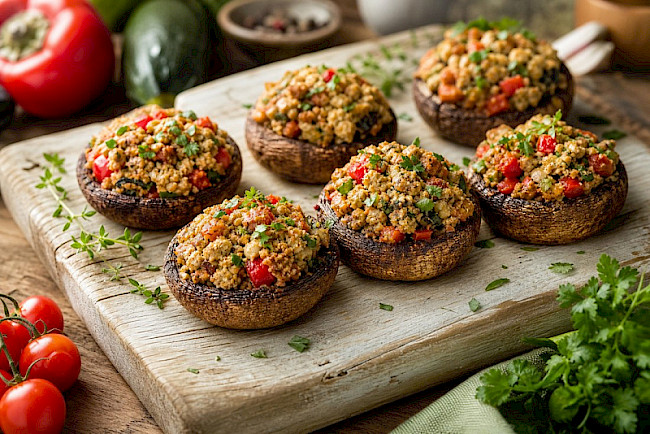 Vegetarische gefüllte Champignons mit Seitan-Hüttenkäse-Gemüse