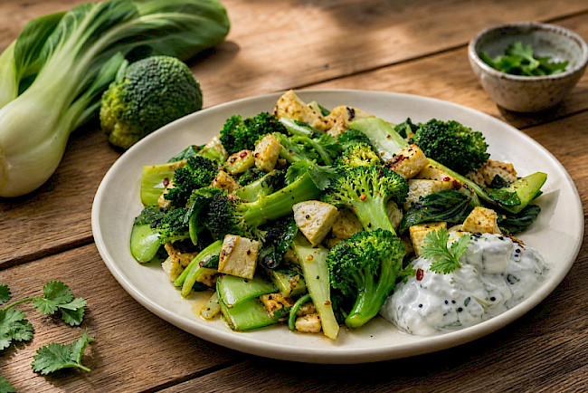 Vegetarische Pak-Choi-Brokkoli-Eiweiß-Pfanne mit Kräuter-Skyr