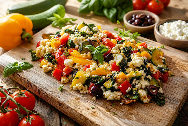 Vegetarische Mediterrane Gemüse-Eiweiß-Pfanne mit Hüttenkäse