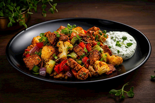 Vegetarische Blumenkohl-Soja-Protein-Pfanne mit Kräuter-Skyr