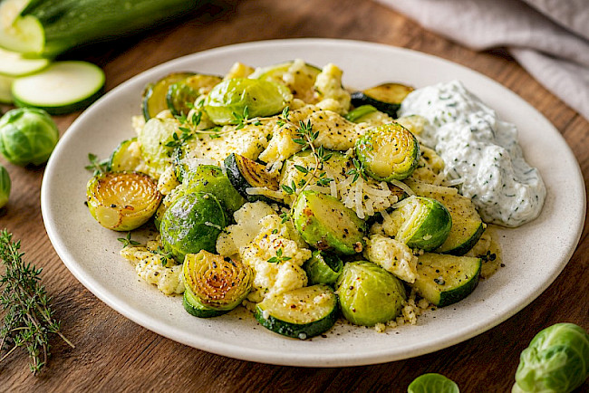 Vegetarische Rosenkohl-Zucchini-Eiweiß-Pfanne mit Harzer Käse und Kräuterquark