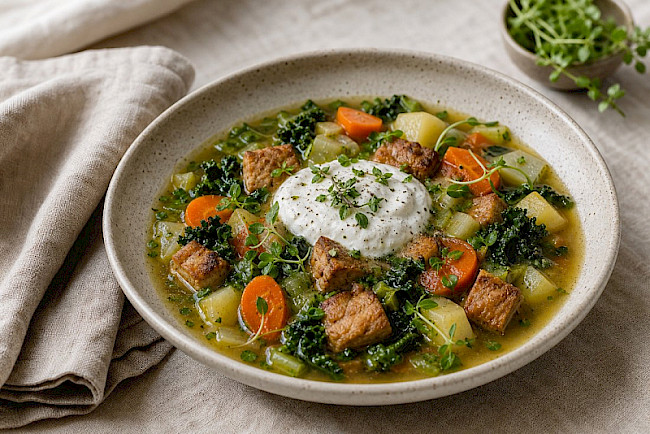 Vegetarische Gemüse-Seitan-Suppe mit Kräuter-Skyr