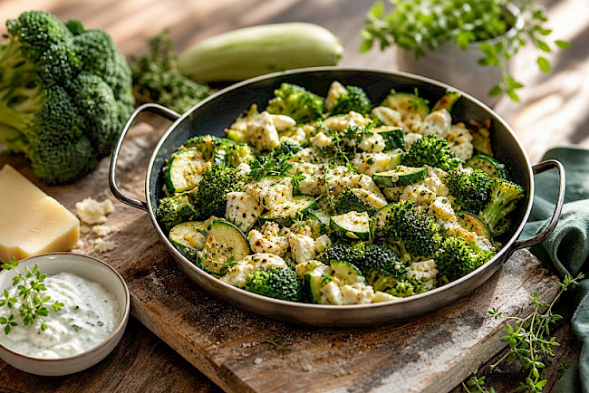 Vegetarische Brokkoli-Zucchini-Eiweiß-Pfanne mit Harzer Käse und Kräuter-Skyr