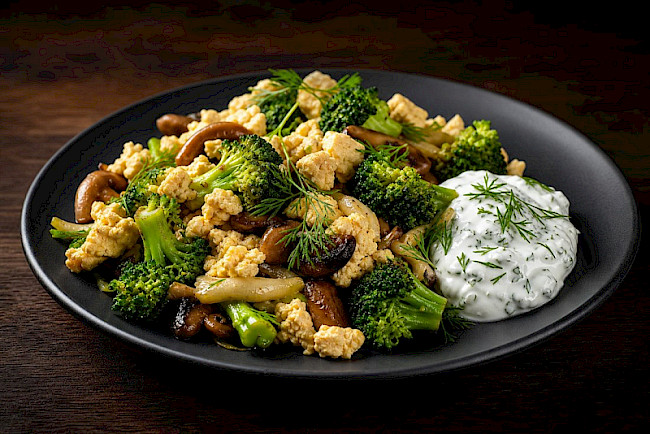 Vegetarische Brokkoli-Soja-Eiweiß-Pfanne mit Kräuter-Skyr
