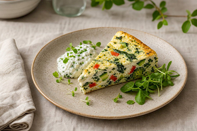 Vegetarische Gemüse-Eiweiß-Frittata mit Kräuterquark