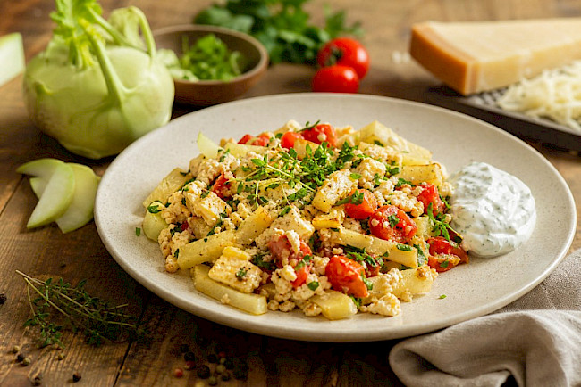 Vegetarische Kohlrabi-Tomaten-Eiweiß-Pfanne mit Harzer Käse und Kräuterquark