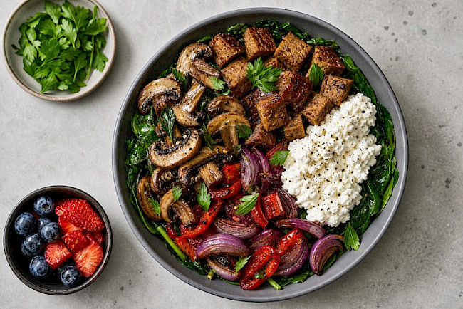 Vegetarische Spinat-Pilz-Seitan-Bowl mit Hüttenkäse