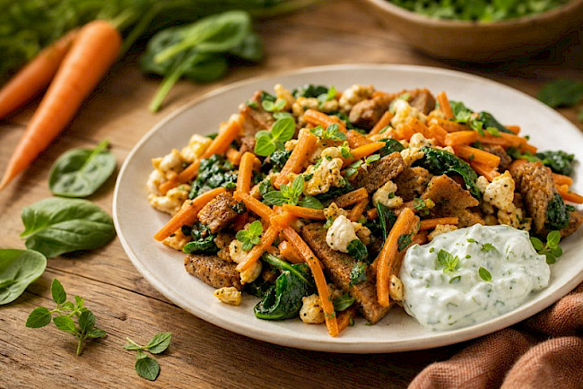 Vegetarische Karotten-Spinat-Seitan-Eiweiß-Pfanne mit Kräuterquark