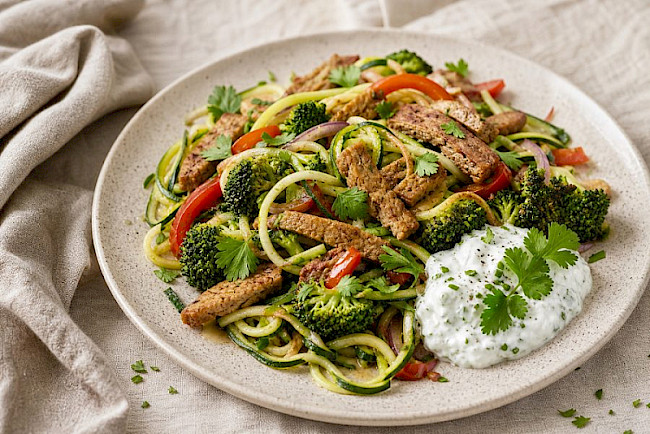 Vegetarische Zucchini-Nudel-Seitan-Pfanne mit Brokkoli und Kräuter-Skyr