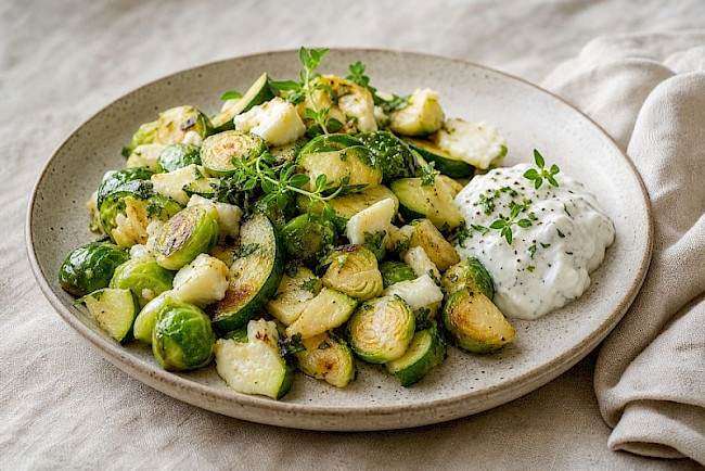 Vegetarische Rosenkohl-Zucchini-Eiweiß-Pfanne mit Harzer Käse und Kräuterquark