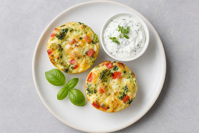 Vegetarische Gemüse-Eiweiß-Muffins mit Harzer Käse und Kräuterquark