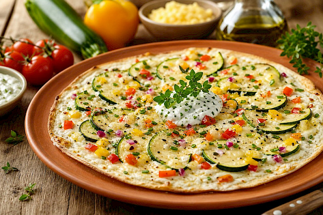 Vegetarischer Gemüse-Eiweiß-Flammkuchen mit Harzer Käse und Kräuterquark