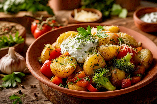 Vegetarische Sattmacher-Kartoffel-Gemüse-Bowl mit Harzer Käse und Kräuterquark