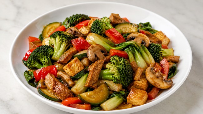 Asia-Seitan-Tofu-Pfanne mit Brokkoli, Pak Choi und Paprika