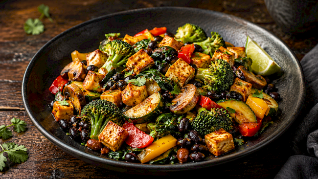Mexikanische Protein-Gemüse-Pfanne mit Tofu, schwarzen Bohnen und Brokkoli