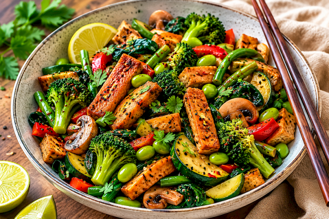 Grüne Protein-Pfanne mit Seitan, Edamame, Brokkoli und Bohnen