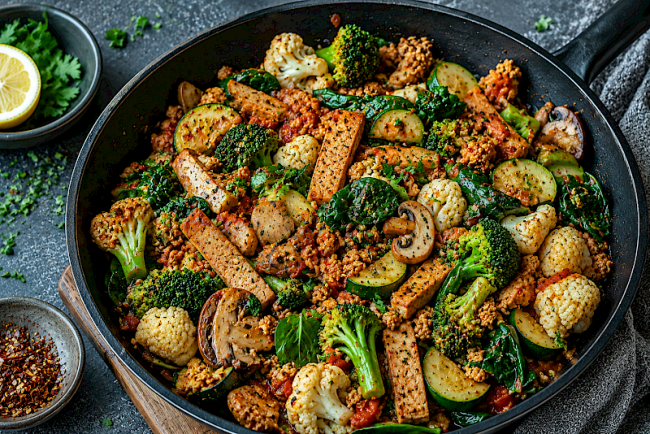 Proteinreiche Soja-Gemüse-Pfanne mit Seitan, Brokkoli und Blumenkohl