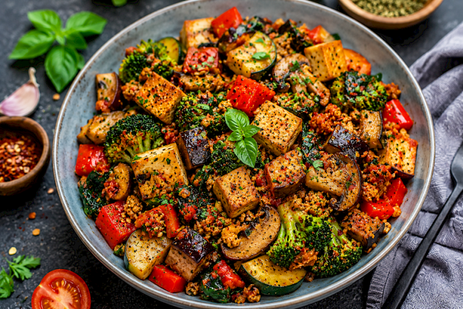 Mediterrane Tofu-Soja-Pfanne mit Aubergine, Brokkoli und Paprika