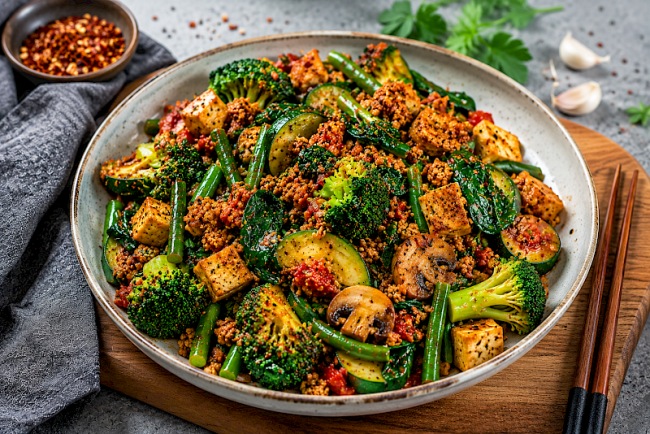 Würzige Tofu-Soja-Gemüsepfanne mit Brokkoli, grünen Bohnen und Spinat