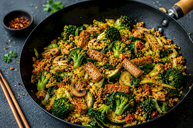 Würzige Seitan-Soja-Pfanne mit Brokkoli, Spitzkohl und Zucchini