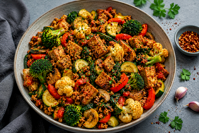 Herzhafte Tempeh-Soja-Gemüsepfanne mit Brokkoli, Blumenkohl und Paprika