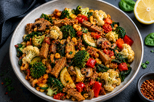 Würzige Lupinen-Seitan-Gemüsepfanne mit Brokkoli, Blumenkohl und Spinat