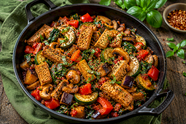 Mediterrane Seitan-Tofu-Ratatouille-Pfanne mit Aubergine, Zucchini und Spinat