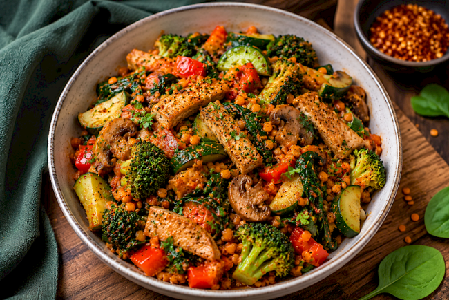 Proteinreiche Seitan-Linsen-Pfanne mit Brokkoli, Paprika und Spinat