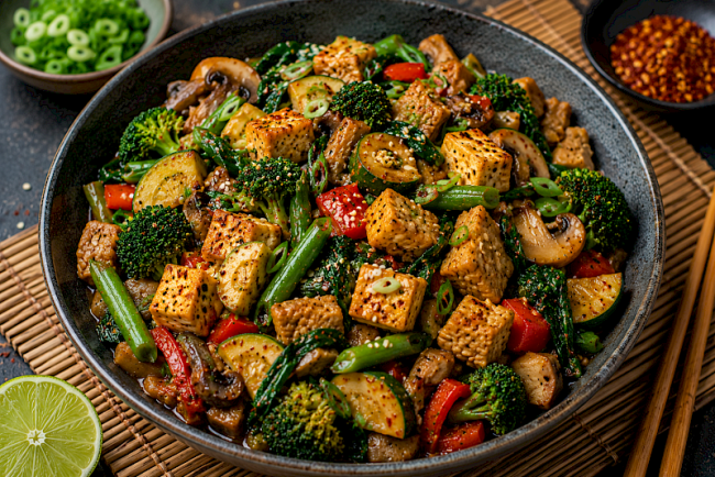 Asiatische Lupinen-Tofu-Gemüsepfanne mit Brokkoli, grünen Bohnen und Spinat