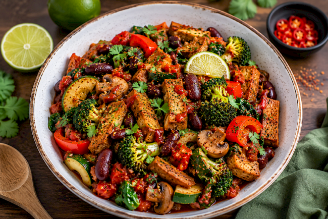 Proteinreiche Mexiko-Gemüsepfanne mit Seitan, Kidneybohnen und Brokkoli