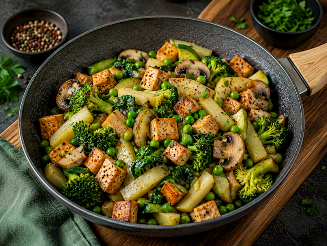Proteinreiche Räuchertofu-Erbsen-Pfanne mit Brokkoli, Kohlrabi und Champignons