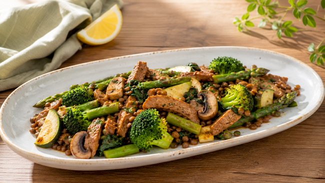 Zitronige Seitan-Linsen-Gemüsepfanne mit Brokkoli, Spargel und Spinat